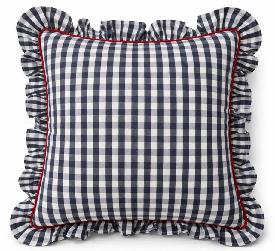 Allegria - capa de almofada xadrez com babado azul marinho