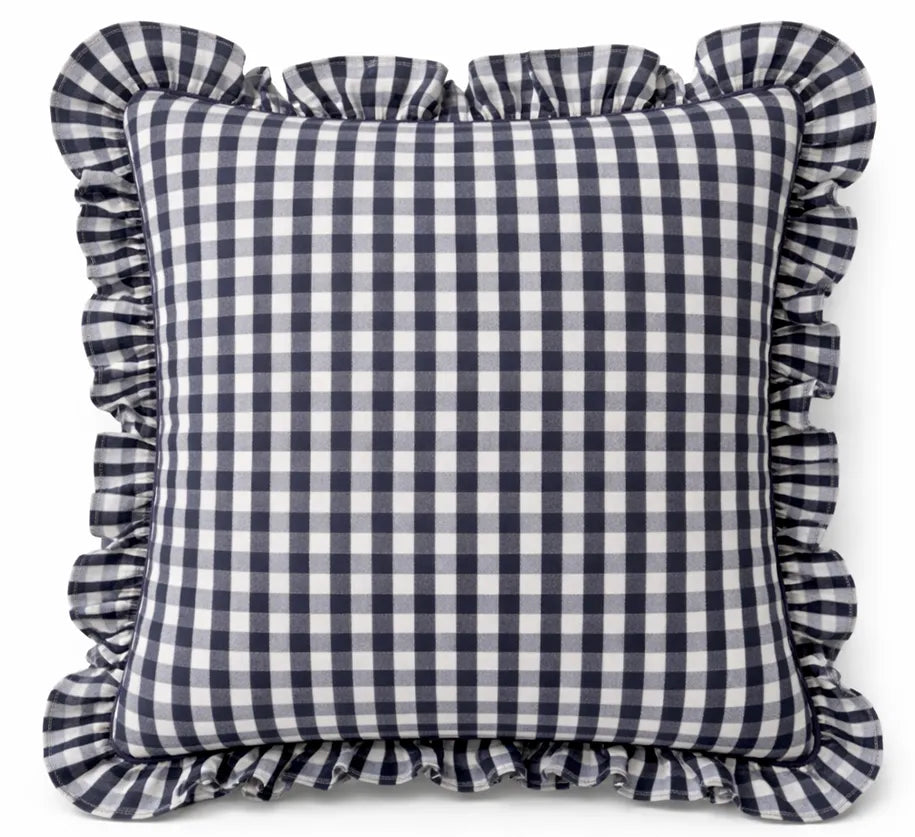 Allegria - capa de almofada xadrez com babado azul marinho