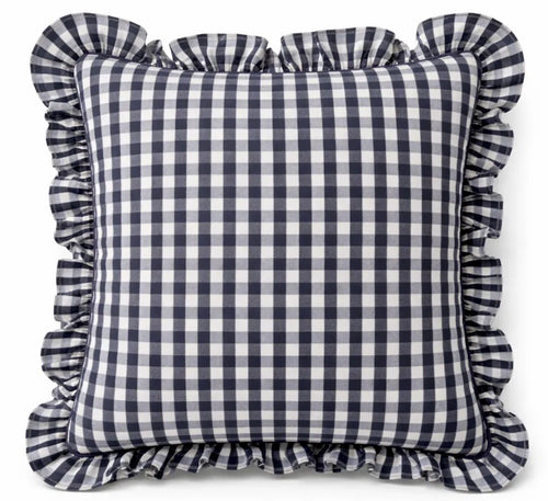 Allegria - capa de almofada xadrez com babado azul marinho